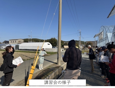 イチゴを栽培しているハウスの前で普及センターから生産者に向けて説明を行う様子