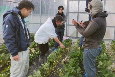 イチゴの栽培管理を説明する「匠」（左中央）と耳を傾ける受講者（右）