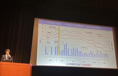 ステージのスライドを使用して大豆栽培技術について説明する様子